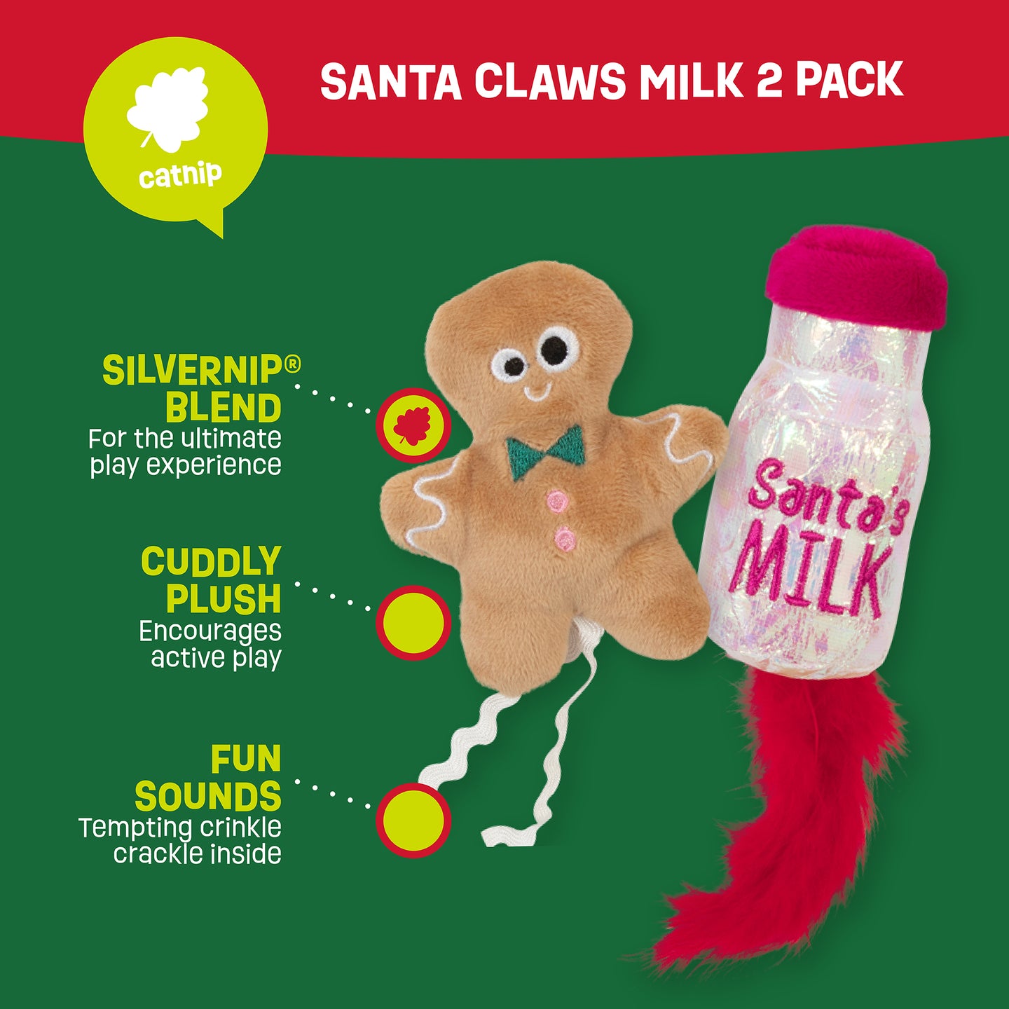 Check out the Mad Cat Santa Claws Milk festive toy set, which includes a gingerbread man plush with swirl limbs and a bottle marked Santas Milk, both featuring playful designs, catnip infusion, and a red feather accent for perfect holiday fun with your feline friend.