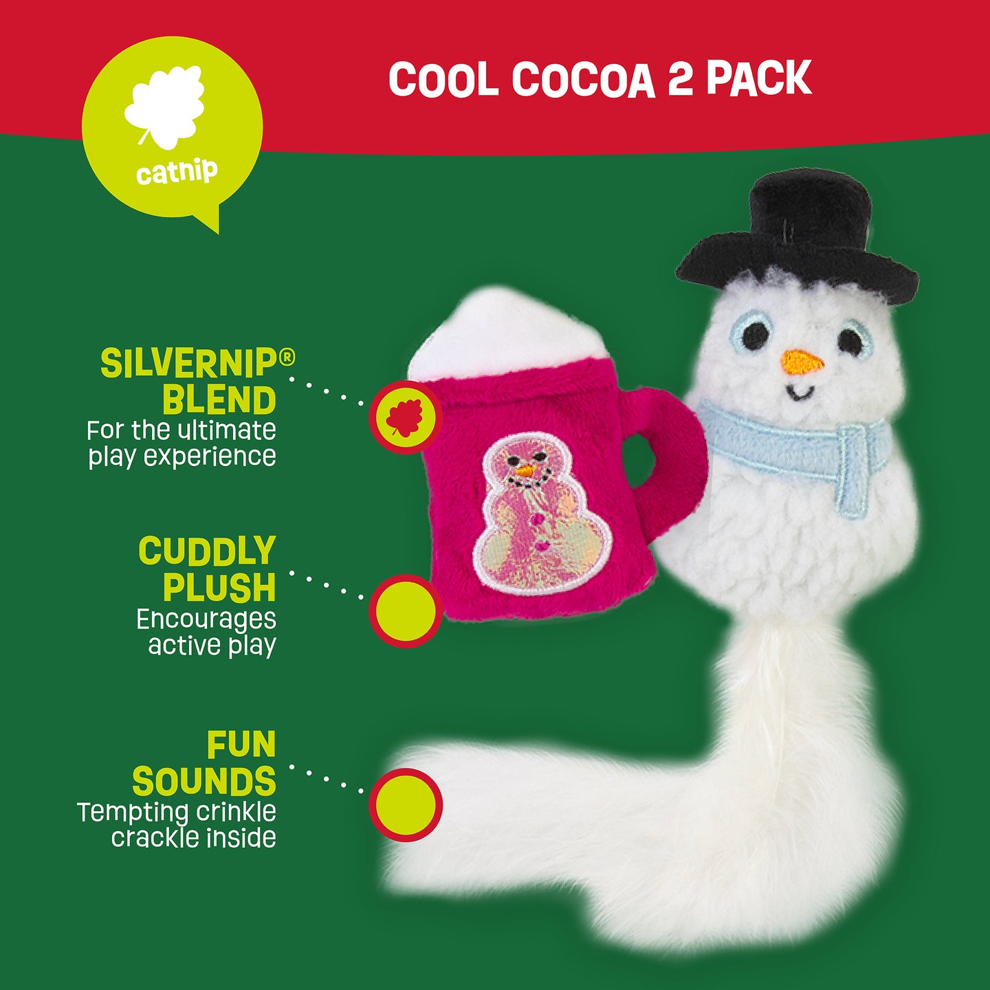 Introducing the Mad Cat Cool Cocoa Cat Toy set: a delightful pair with a snowman plush in black hat and red scarf, and a cocoa-themed mug plush featuring a snowman design. Infused with catnip, these soft-textured toys offer engaging sounds for endless feline fun.