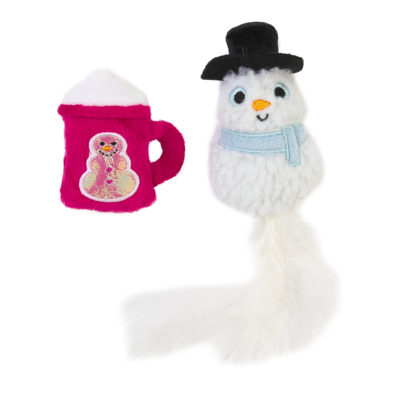 The Mad Cat Cool Cocoa Cat Toy set includes a plush snowman with a black hat, blue scarf, fluffy tail, and a red mug featuring a pink snowman design—ideal for sipping cocoa as your pet enjoys their toy.