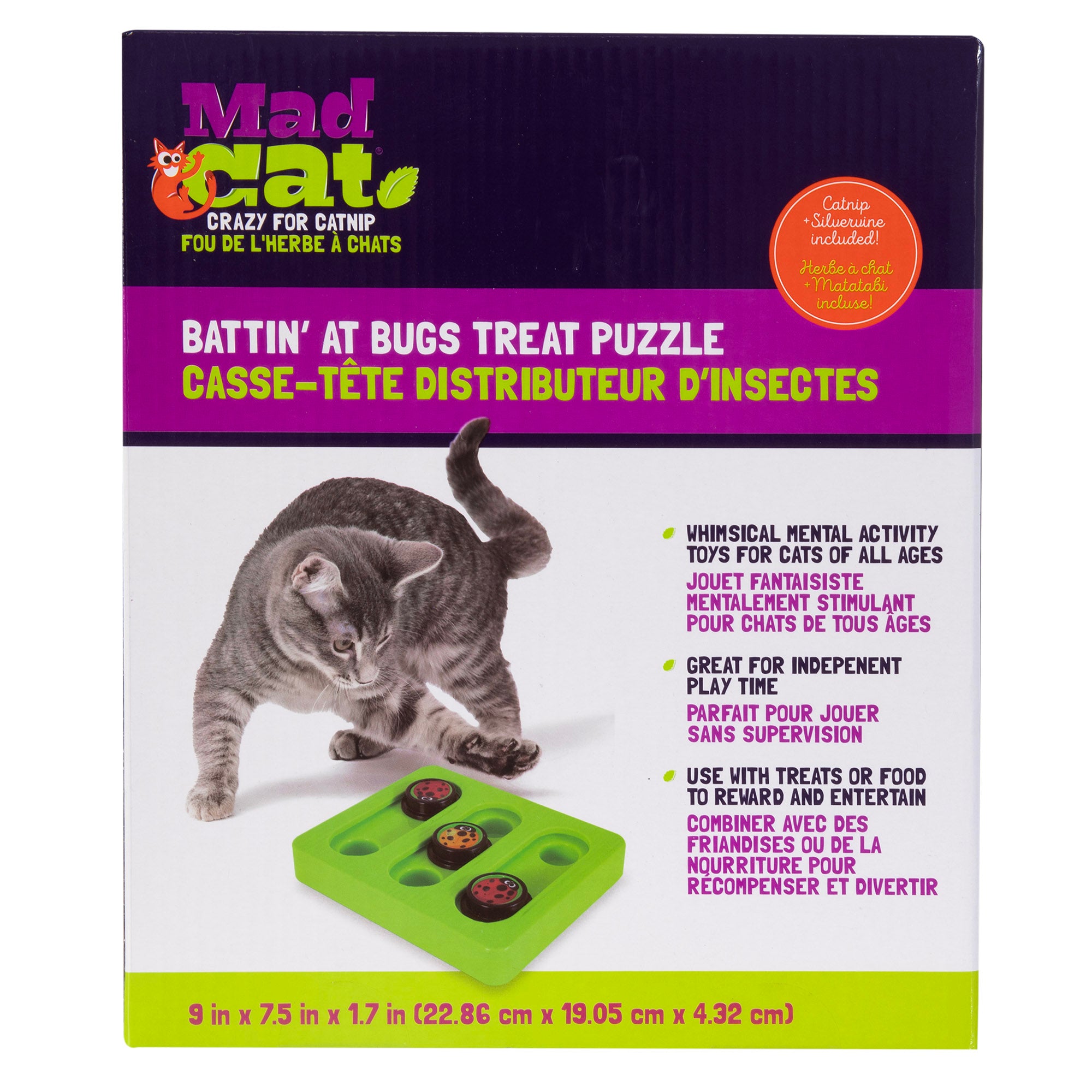 The Mad Cat Battin At Bugs Bento Box features a playful cat theme with a gray cat and green interactive treat dispenser. The box displays benefits, size, and brand details in English and French.