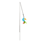 The Quirky Kitty Tropical Toucan Retractable Wand by Quirky Kitty is a cat toy with a retractable wand and plush toucan featuring a colorful feather tail and yellow beak to entice cats to play.
