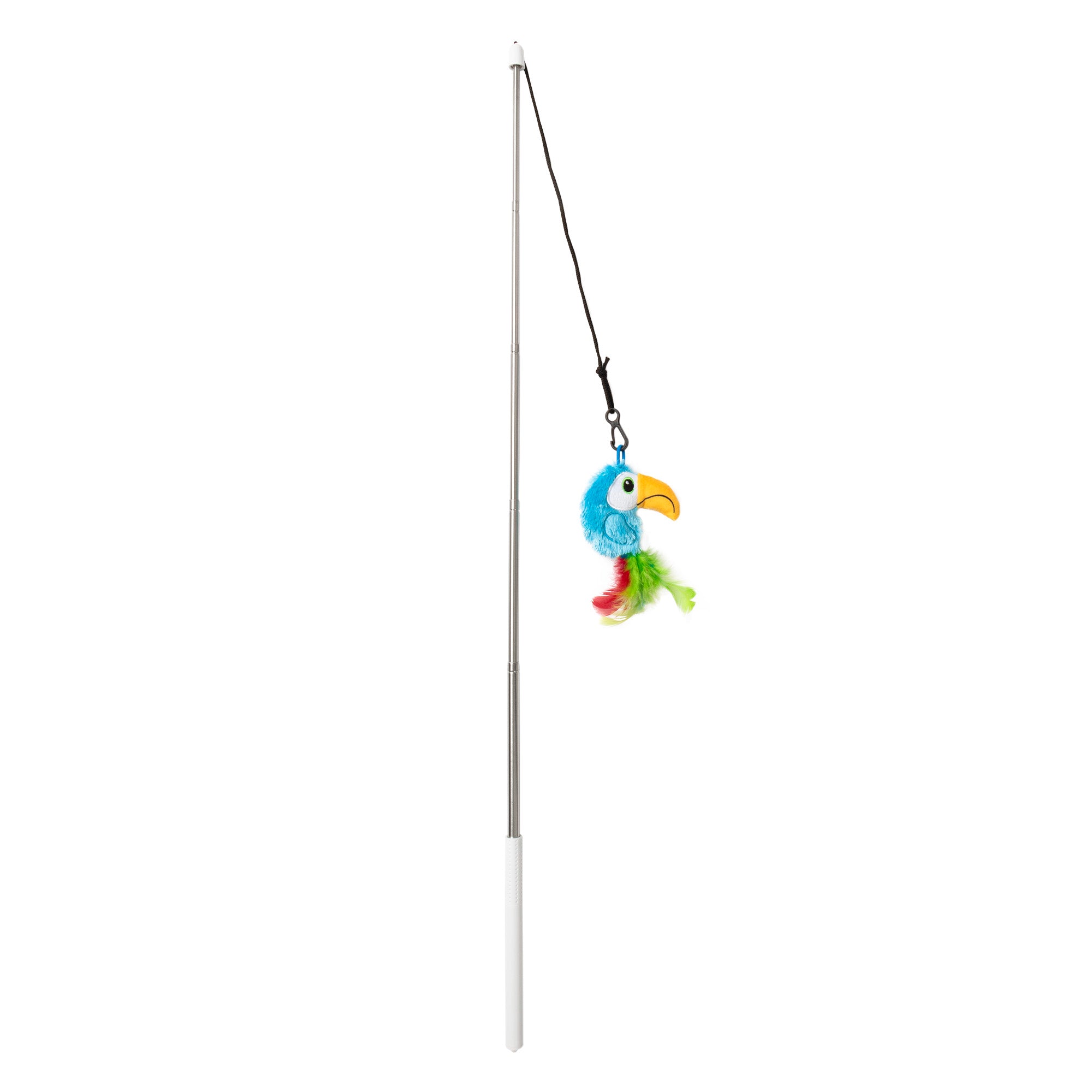 The Quirky Kitty Tropical Toucan Retractable Wand by Quirky Kitty is a cat toy with a retractable wand and plush toucan featuring a colorful feather tail and yellow beak to entice cats to play.