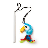 A white stylus pen is attached to the Quirky Kitty Tropical Toucan Retractable Wand plush keychain, featuring a toucan head with a large yellow beak, green eyes, and vibrant blue, red, and green feathers.