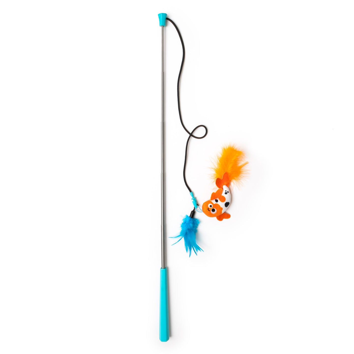 The Mad Cat Koi Retractable Feather Wand Toy features a blue handle with an attached string, ending in a plush orange and white fish. It is adorned with bright orange and blue feathers for endless playful fun.