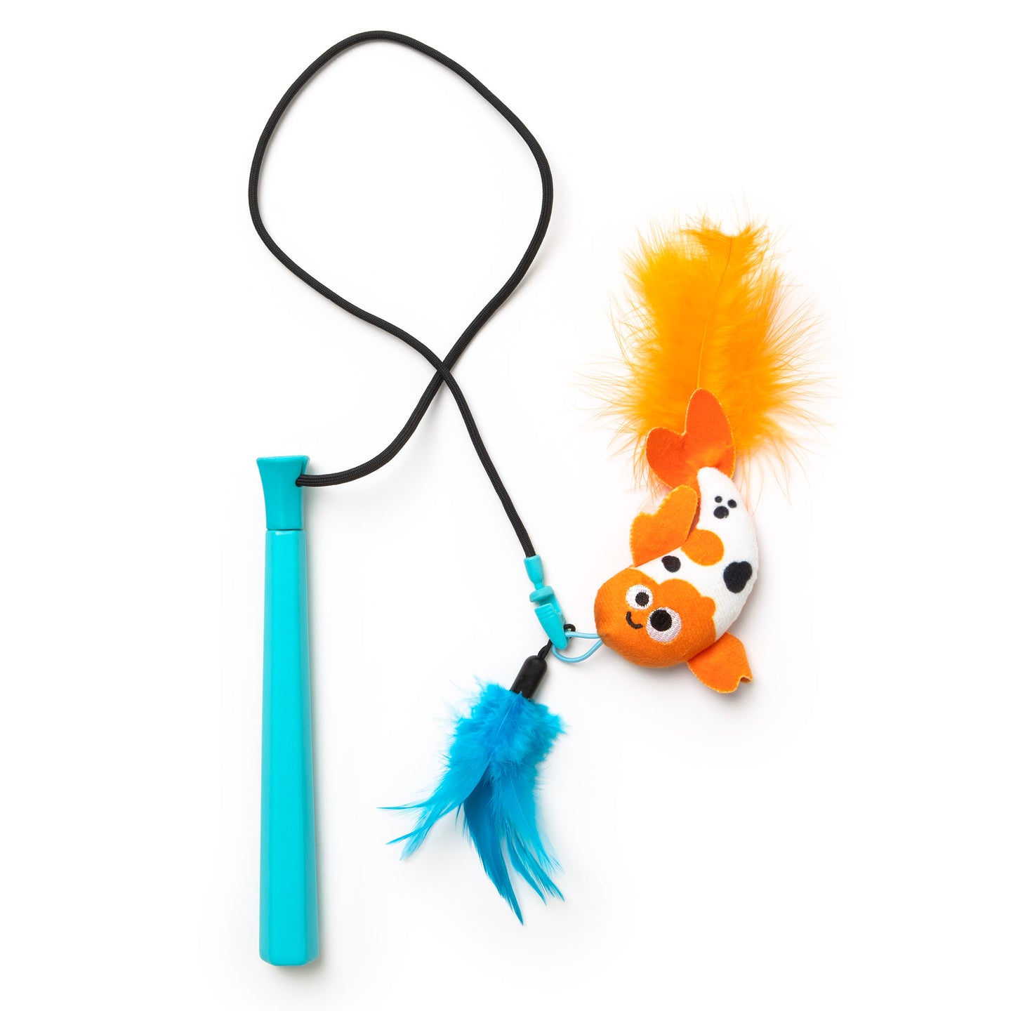 The Mad Cat Koi Retractable Feather Wand toy features a turquoise wand with a blue feather and an orange fish figure. The fish has black spots, a fluffy orange tail, and is attached by a black string, ensuring playful engagement for your feline friend.