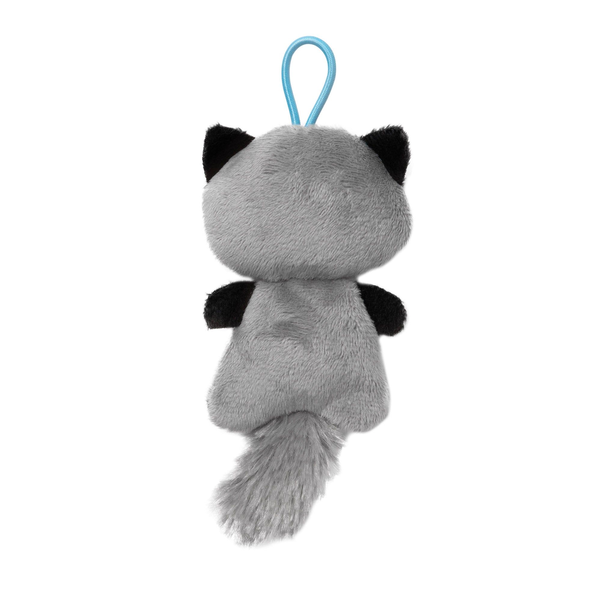 The Mad Cat Mat Cat Slingshot Critter Raccoon Catnip Plush Toy is a gray plush resembling a mad cat, viewed from the back, with black ears, a fluffy tail, and blue loop for hanging—ideal for playful moments sparked by catnip adventures!.