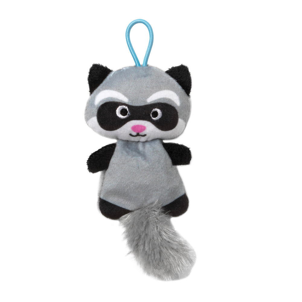 Introducing the Mat Cat Slingshot Critter Raccoon Catnip Plush Toy by Mad Cat. This playful raccoon features a gray body, black and white facial markings, a pink nose, a fluffy gray tail, and a blue loop for hanging. Infused with catnip to entertain your kitty for hours!.