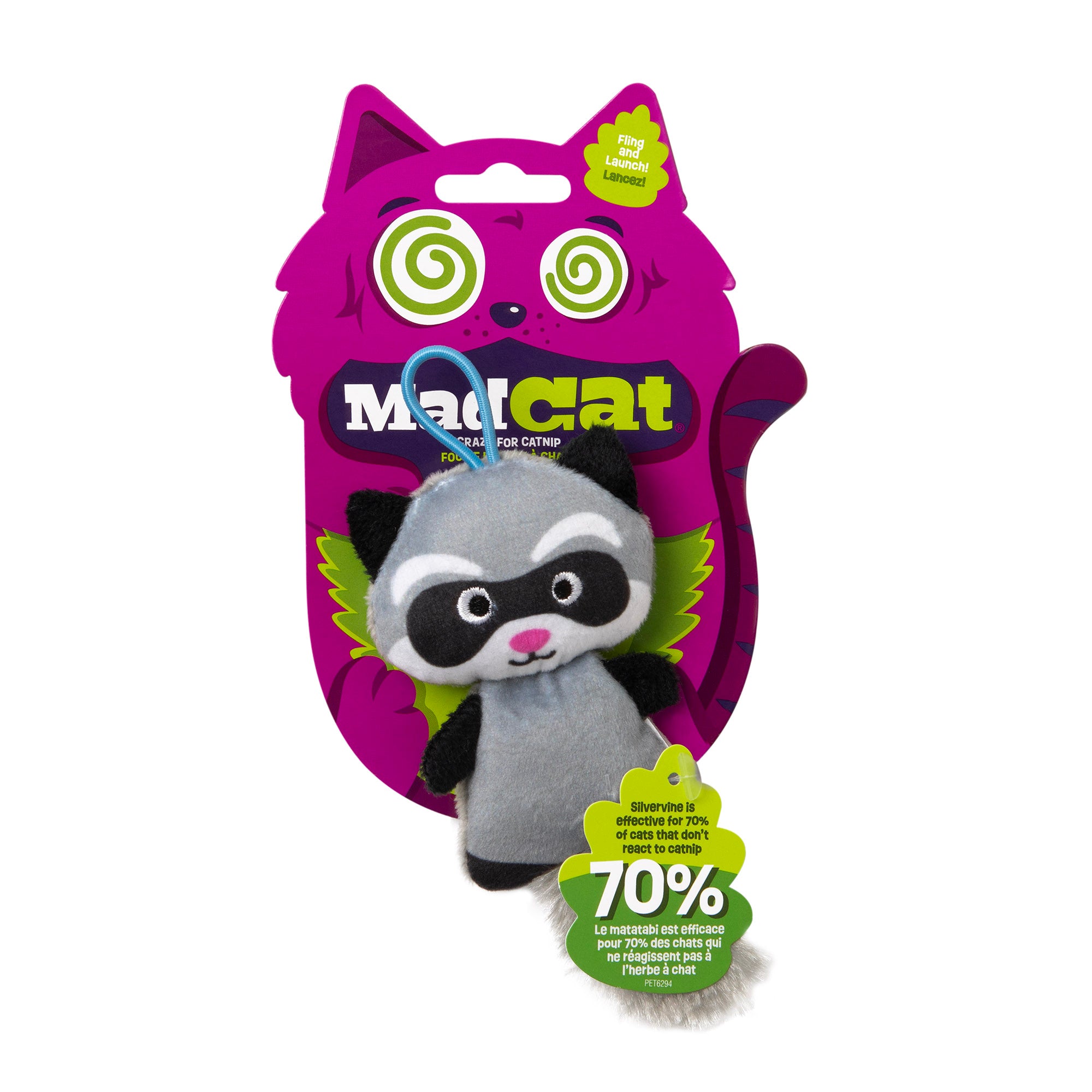Introducing the Mad Cat Slingshot Critter Raccoon Catnip Plush Toy, featuring a black mask and attached to a vibrant card with a stylized cat. Packed with silvervine and catnip, this must-have boosts playtime by 70% over catnip alone.