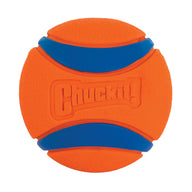 The Chuckit! Ultra Ball Dog Toy by Chuckit! is an orange and blue fetch ball with the brand name embossed, featuring durable textured grip areas and curved blue strips for easy handling.