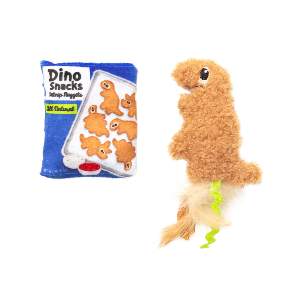 The Quirky Kitty Dino Snacks 2pk – Catnip Plush Cat Toys from Quirky Kitty features a blue “Dino Snacks” bag with nuggets and a brown, fluffy dinosaur with feather and ribbon tail—cute, interactive toys for playtime.