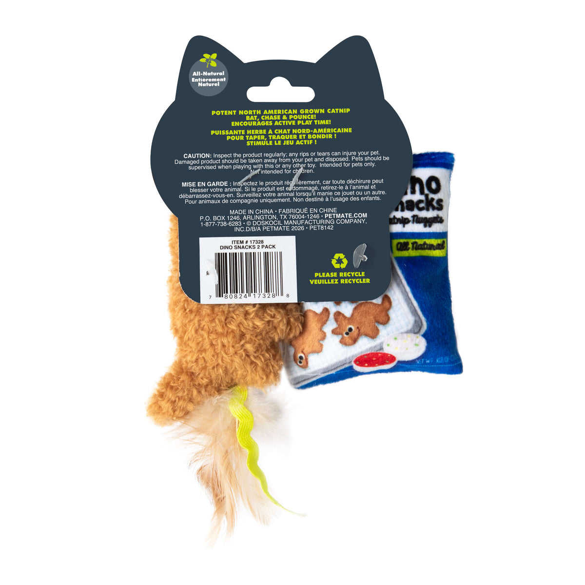 The Quirky Kitty Dino Snacks 2pk Catnip Plush Cat Toys by Quirky Kitty includes two toys—a brown mouse with a fluffy tail and a blue treat-bag pouch—packaged in cat-ear shaped packaging with product info on the back.