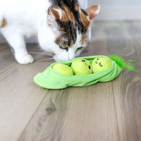 A white and brown cat sniffs the Quirky Kitty Pea Pawd Kicker – a large catnip kicker toy by Quirky Kitty, shaped like a pea pod with two smiling peas inside, lying on a wooden floor.
