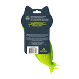 Back view of Quirky Kitty Pea Pawd Kicker – Large Catnip Cat Kicker Toy package shows a green mesh toy inside and displays product info, cautions, and recycling details on a gray background with yellow and white text.