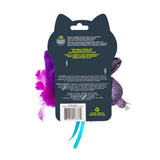 Back of Quirky Kitty Fairy Tail Romance 2pk Cat Toy Set with Catnip package, showing safety and recycling info in English/French. Purple and pink cat toys with blue ribbons partly visible, from the Quirky Kitty collection.