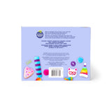 Back of Quirky Kitty Birthday Box 8pk – Birthday & Gotcha Day Cat Toy Gift Set by Quirky Kitty shows colorful cat birthday toy illustrations, product details, and info about potent North American catnip on a light purple background with barcode below.
