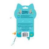 Back of a Quirky Kitty Cool Mice 3 Pack, shaped like a cat’s head with playful ocean graphics, caution and care details, and barcode at the bottom. Colorful fabric mice toys with catnip extend from the sides and bottom. Brand: Quirky Kitty.
