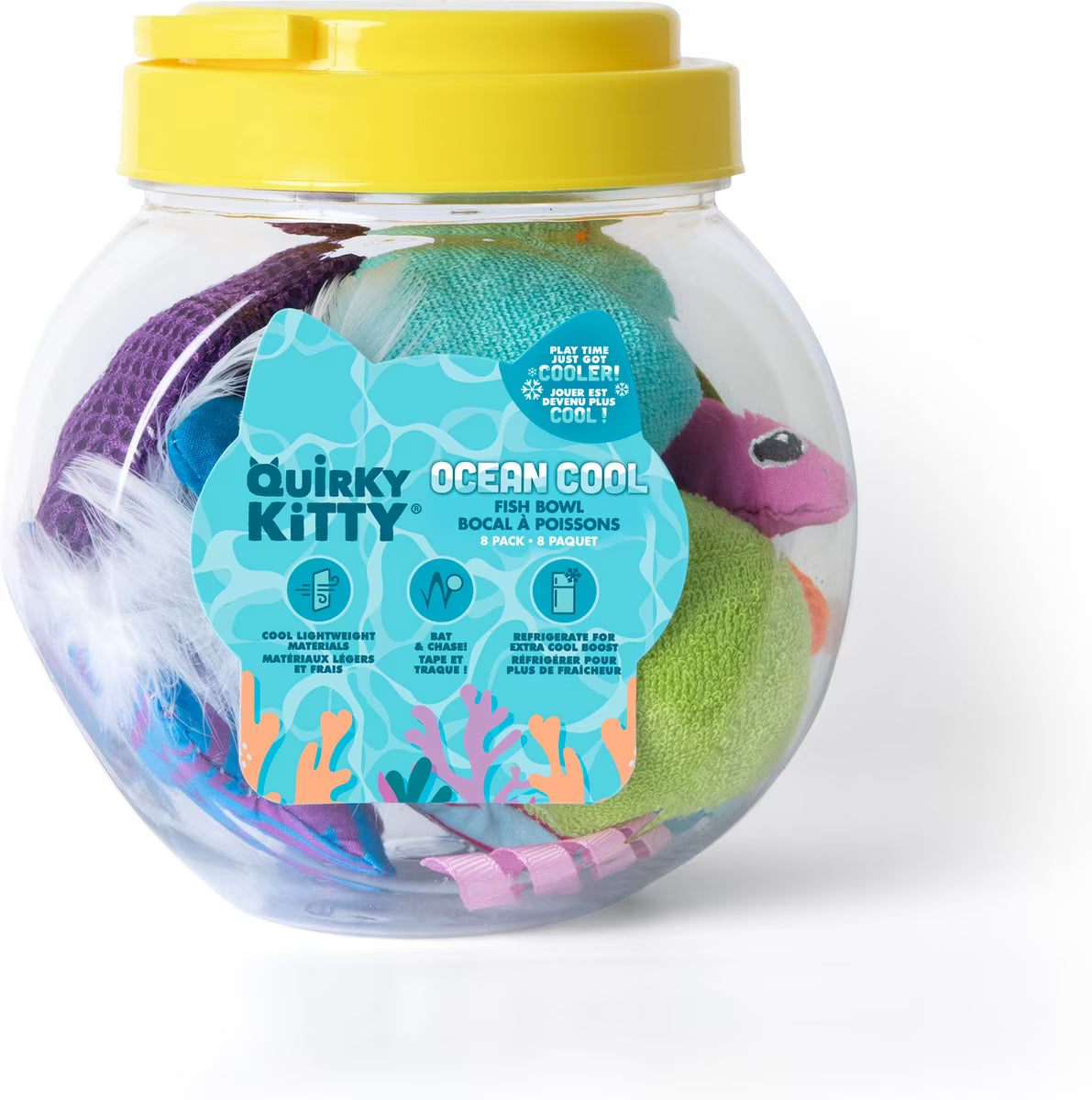 A clear fishbowl-shaped container with a yellow lid holds eight colorful ocean-themed catnip toys. The label, “Quirky Kitty Fish Bowl 8pk – Ocean-Themed Cooling Cat Toys with Catnip,” features playful ocean waves and fish graphics.