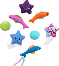 Quirky Kitty Fish Bowl 8pk features colorful, ocean-themed catnip toys—including plush stars, bright fish, green and blue fuzzy balls, plus a blue fish with ribbons and a feather—for playful cats.