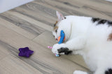 A white and brown cat lies on a wooden floor, playing with Quirky Kitty Fish Bowl 8pk – Ocean-Themed Cooling Cat Toys with Catnip, including a blue fish-shaped toy in its mouth, colorful stick toys, and a purple star-shaped toy nearby.