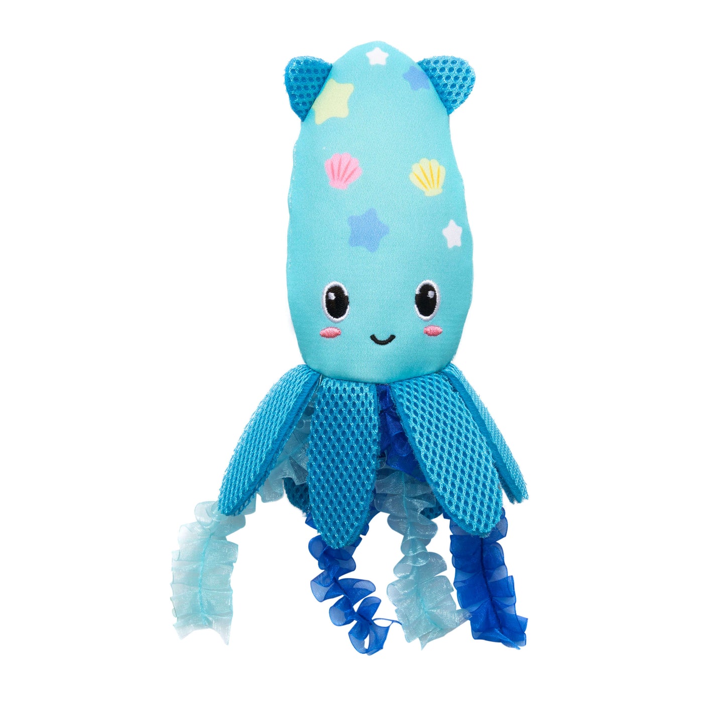 The Quirky Kitty Octopurr Kicker is a cute blue ocean-themed catnip toy featuring a smiling face, blushing cheeks, mesh-textured tentacles, and colorful star and shell patterns.