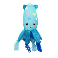 The Quirky Kitty Octopurr Kicker is a cute blue ocean-themed catnip toy featuring a smiling face, blushing cheeks, mesh-textured tentacles, and colorful star and shell patterns.