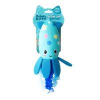 The Quirky Kitty Octopurr Kicker is a blue, ocean-themed plush catnip toy with a smiling face, mesh arms, and crinkly ribbons—a large playful cat toy from Quirky Kitty designed for fun feline kicks.