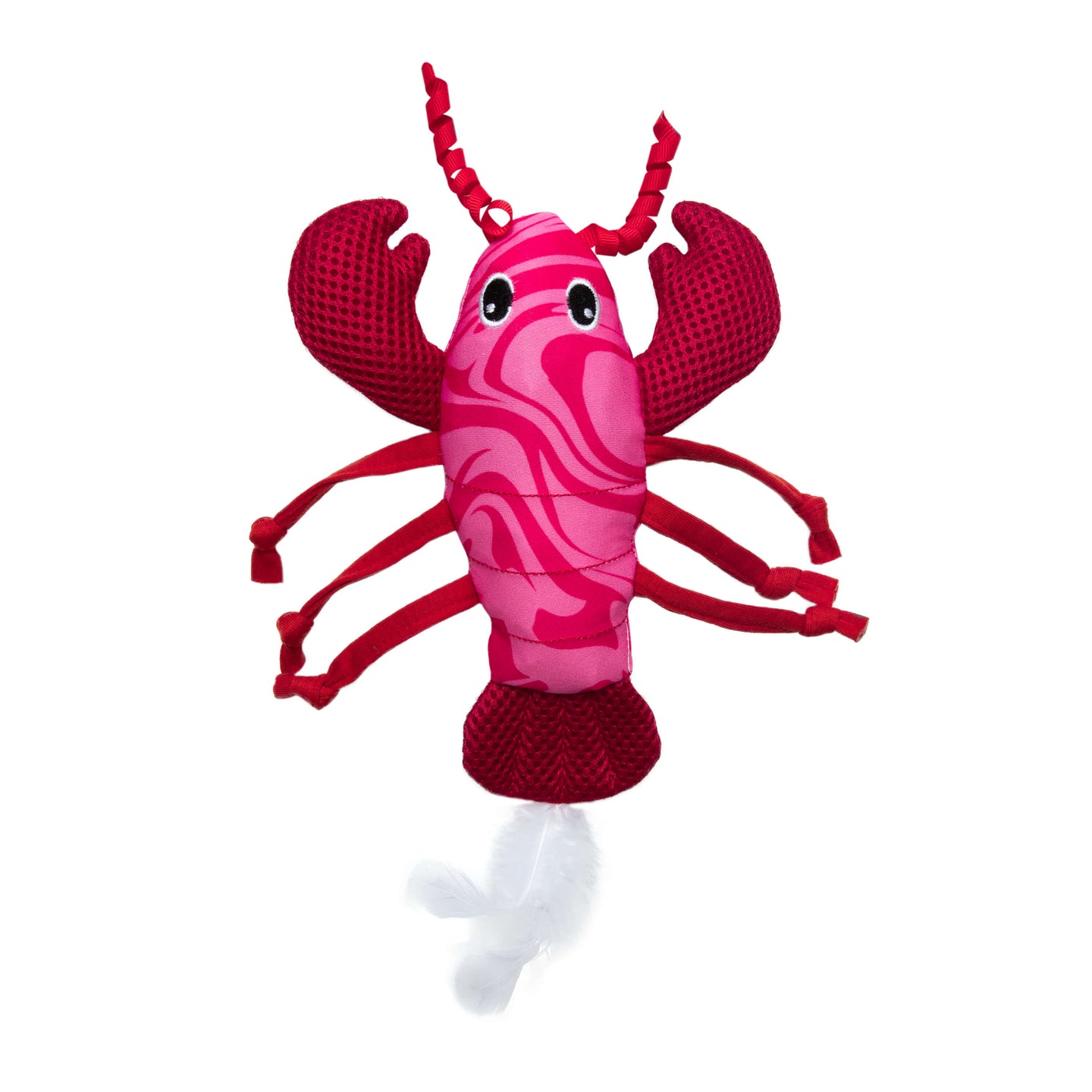 The Quirky Kitty Fresh Lobster Kicker is an ocean-themed cat toy with catnip and cooling materials, featuring pink and red swirls, textured claws, red legs and antennae, and a fluffy white tail—perfect for playful kicks.