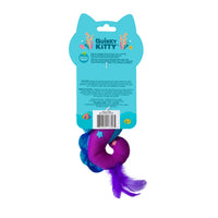 Back packaging of a Quirky Kitty Sea Horse Kicker, an ocean-themed cat kicker toy with catnip, featuring a plush sea horse design. The packaging displays product info, warnings, and company details. Brand: Quirky Kitty.