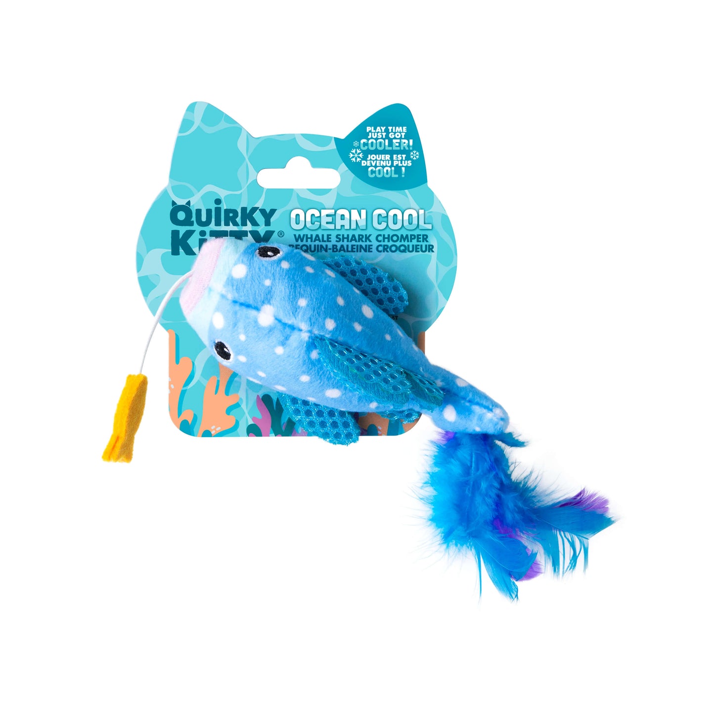 The Quirky Kitty Whale Shark Chomper is a blue plush catnip toy featuring white spots, a blue feather tail, and yellow string, attached to Quirky Kitty packaging—perfect for playful felines.