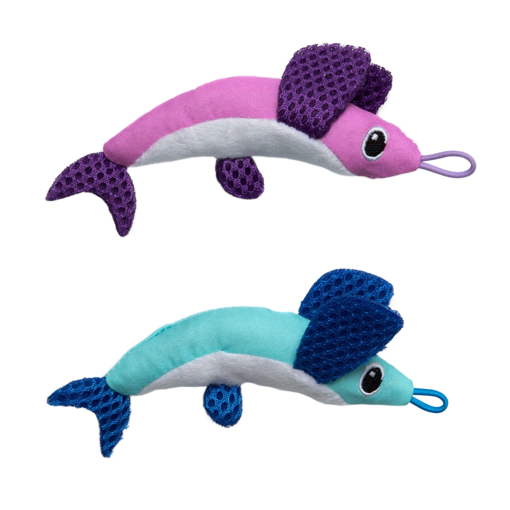 The Quirky Kitty Flying Fish 2pk—Interactive Catnip Cat Toys with Slingshot—features one pink and one blue plush fish with big eyes, textured fins, white bellies, and elastic loops for fun cooling play by Quirky Kitty.