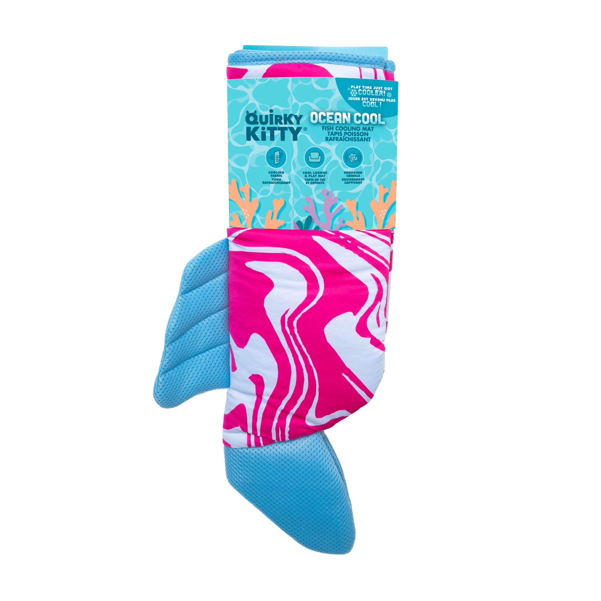 The Quirky Kitty Fish Cooling Mat is an ocean-themed pink and white marbled cat play mat with blue textured fins, perfect for pairing with your cat’s favorite toys for extra fun.