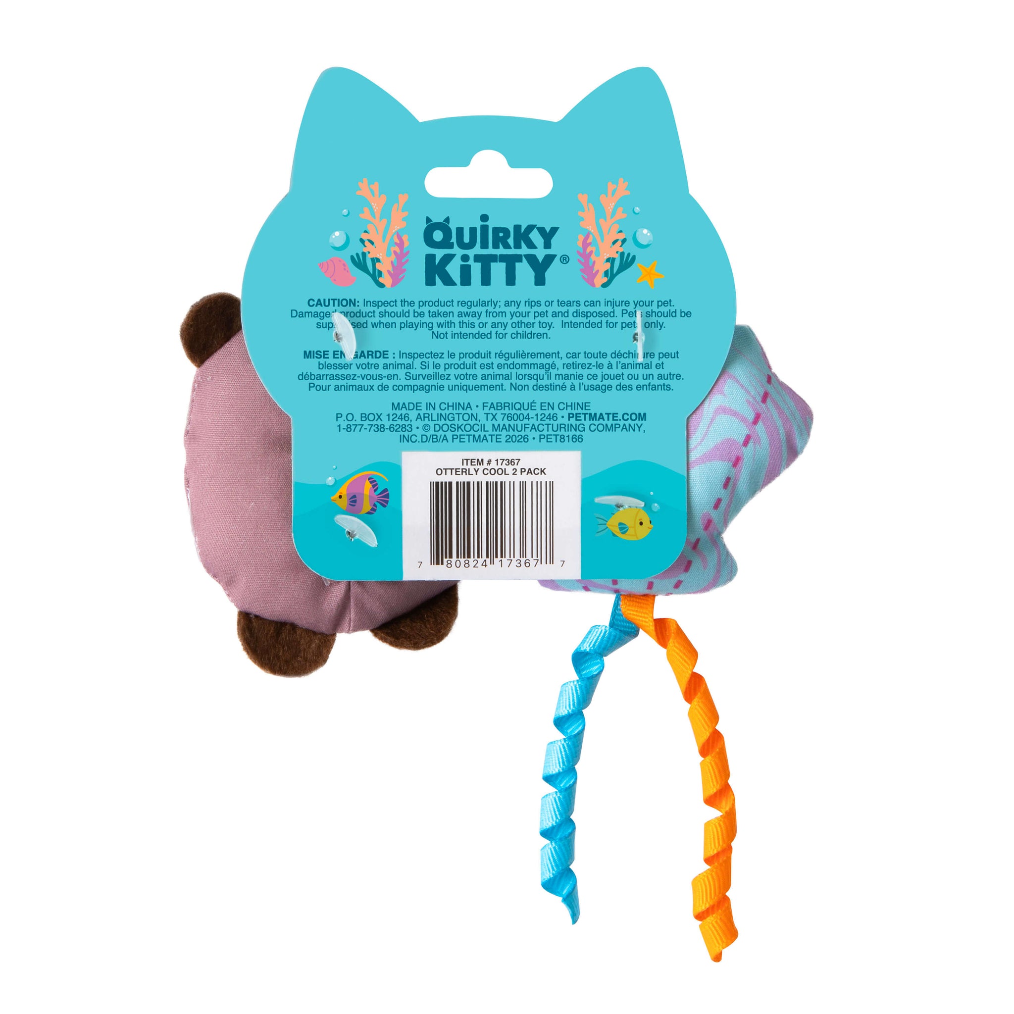Quirky Kitty Otterly Cool 2-Pack features ocean-themed cooling cat toys with catnip in playful blue packaging, showcasing two cat toys with curled ribbon tails, product info, and a barcode. Brand: Quirky Kitty.