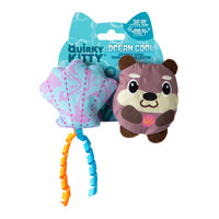 The Quirky Kitty Otterly Cool 2-Pack includes a plush purple seashell and a smiling brown otter holding a pink shell, both with catnip, in bright blue Ocean Cool packaging—fun ocean-themed sensory toys for your cat.