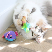 A fluffy white and brown cat lounges on a wooden floor, playing with Quirky Kitty Pufferfish Pals Cat Toys by Quirky Kitty as sunlight streams in; a second colorful ocean-themed toy rests nearby.