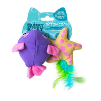Quirky Kitty Pufferfish Pals Cat Toys 2-Pack includes a purple fish with pink fins and a tan starfish with pink spots and green-blue feathers. Filled with cooling catnip—perfect playful ocean toys for curious cats!.