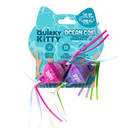 Two Quirky Kitty Chilly Chasers 2pk – Freeze & Play Cat Toys, by Quirky Kitty, shaped like mice with ribbon tails, are shown in teal cat-shaped packaging with playful text and blue, pink, and green accents.