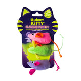 The Quirky Kitty Glow Mice 3pk features colorful catnip & silvervine-filled cat toys for nighttime play. Each mouse has a string tail, and the set is packaged on a purple Quirky Kitty card labeled "Glowing Forest Glow Mice, 3 Pack.