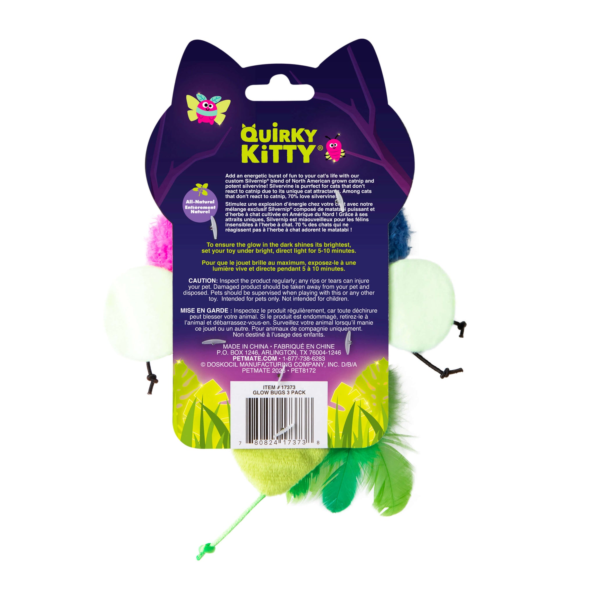 Back of Quirky Kitty Glow Bugs 3pk – Catnip & Silvervine Cat Toys That Glow in the Dark by Quirky Kitty, showing colorful graphics, care instructions, warnings, and partially visible plush toys with feathers and string.