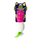 The Quirky Kitty Glow Worm Kicker is a pink and white fuzzy caterpillar-shaped cat toy with googly eyes, green feather tail, and glows at night. Infused with catnip and silvervine for extra fun. From Quirky Kitty’s Glowing Forest collection.