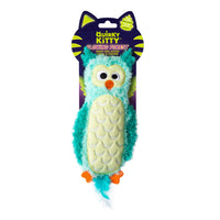 The Quirky Kitty Night Owl Kicker is a turquoise and yellow glow-in-the-dark plush cat toy with large embroidered eyes, orange beak and feet, a fluffy white tail, and fun cat-ear-shaped packaging. Catnip & silvervine included.