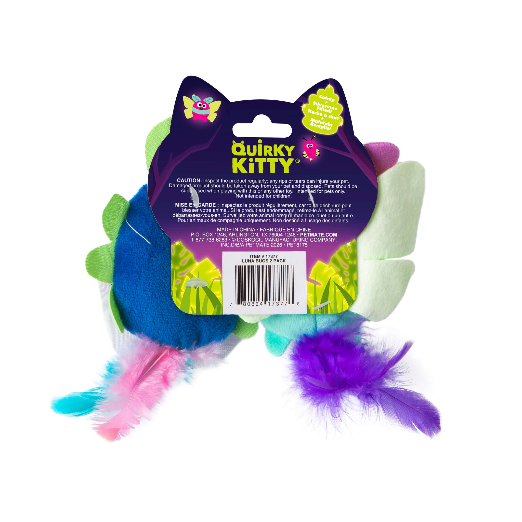 The Quirky Kitty Luna Bugs 2pk includes two glow-in-the-dark, catnip and silvervine cat toys. Packaged under the Quirky Kitty brand, the back label features a purple cat shape with product info, warnings, and barcode.