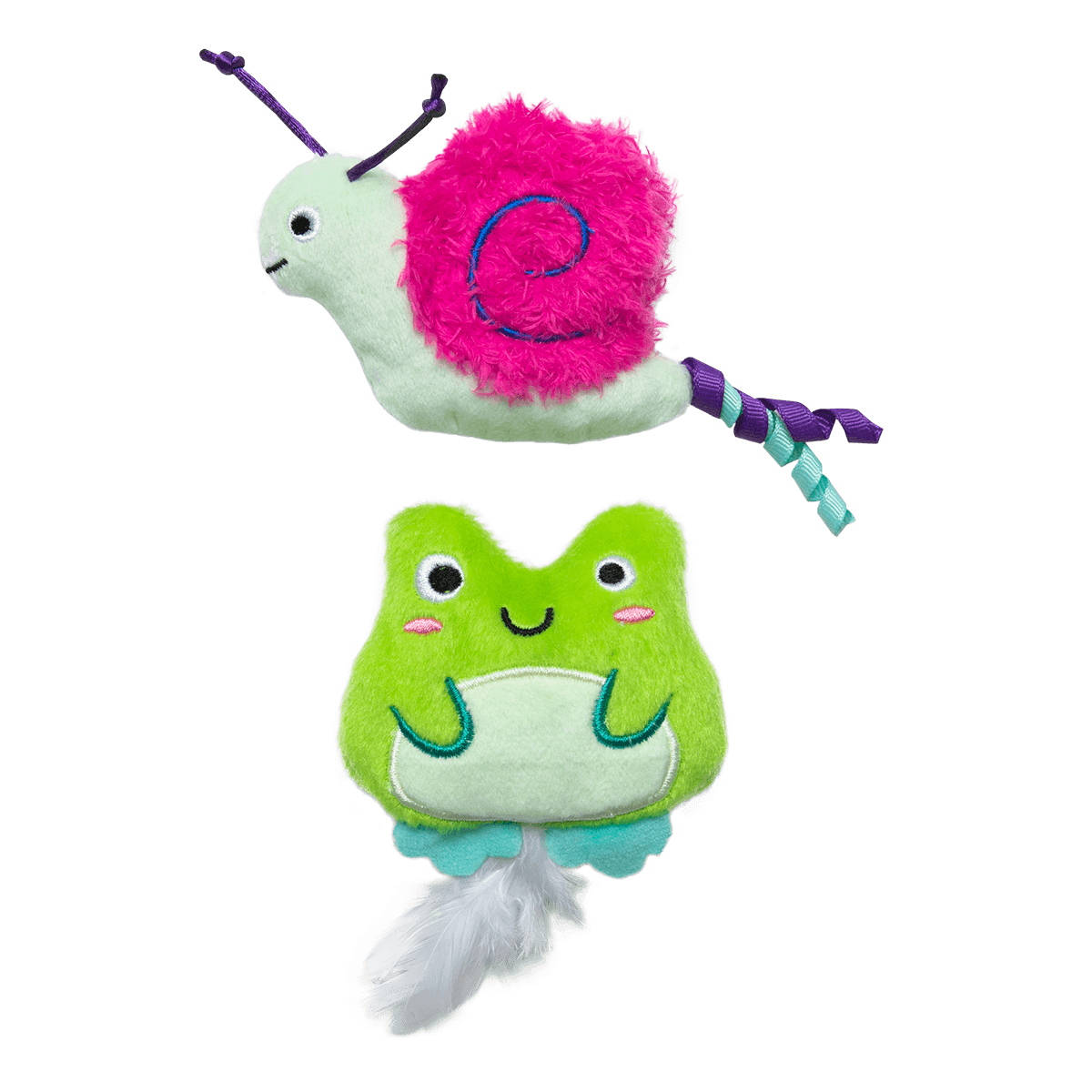 The Quirky Kitty Glow Critters 2-Pack features glow-in-the-dark catnip and silvervine toys—a plush snail with a pink shell and a plush green frog—adorable playtime companions for your cat, shown on a white background.
