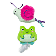 The Quirky Kitty Glow Critters 2-Pack features glow-in-the-dark catnip and silvervine toys—a plush snail with a pink shell and a plush green frog—adorable playtime companions for your cat, shown on a white background.