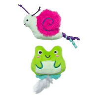 The Quirky Kitty Glow Critters 2-Pack features glow-in-the-dark catnip and silvervine toys—a plush snail with a pink shell and a plush green frog—adorable playtime companions for your cat, shown on a white background.