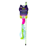 The Quirky Kitty Glow Snake Wand is a colorful interactive cat toy featuring a striped handle, pink plush, green and blue ruffled streamers, catnip, and silvervine. Packaging has cat ear shape and reads Quirky Kitty.