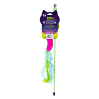The Quirky Kitty Glow Snake Wand is a colorful interactive cat toy featuring a striped handle, pink plush, green and blue ruffled streamers, catnip, and silvervine. Packaging has cat ear shape and reads Quirky Kitty.