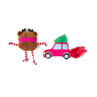 Quirky Kitty® Holiday Cheer 2-Pack cat toys featuring a plush reindeer with striped limbs and a plush pink car with a green tree on its roof and a red feather tail.