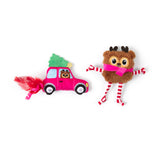Quirky Kitty® Holiday Cheer 2-Pack cat toys featuring a plush red car with a Christmas tree on its roof and a plush reindeer with red and white striped limbs.