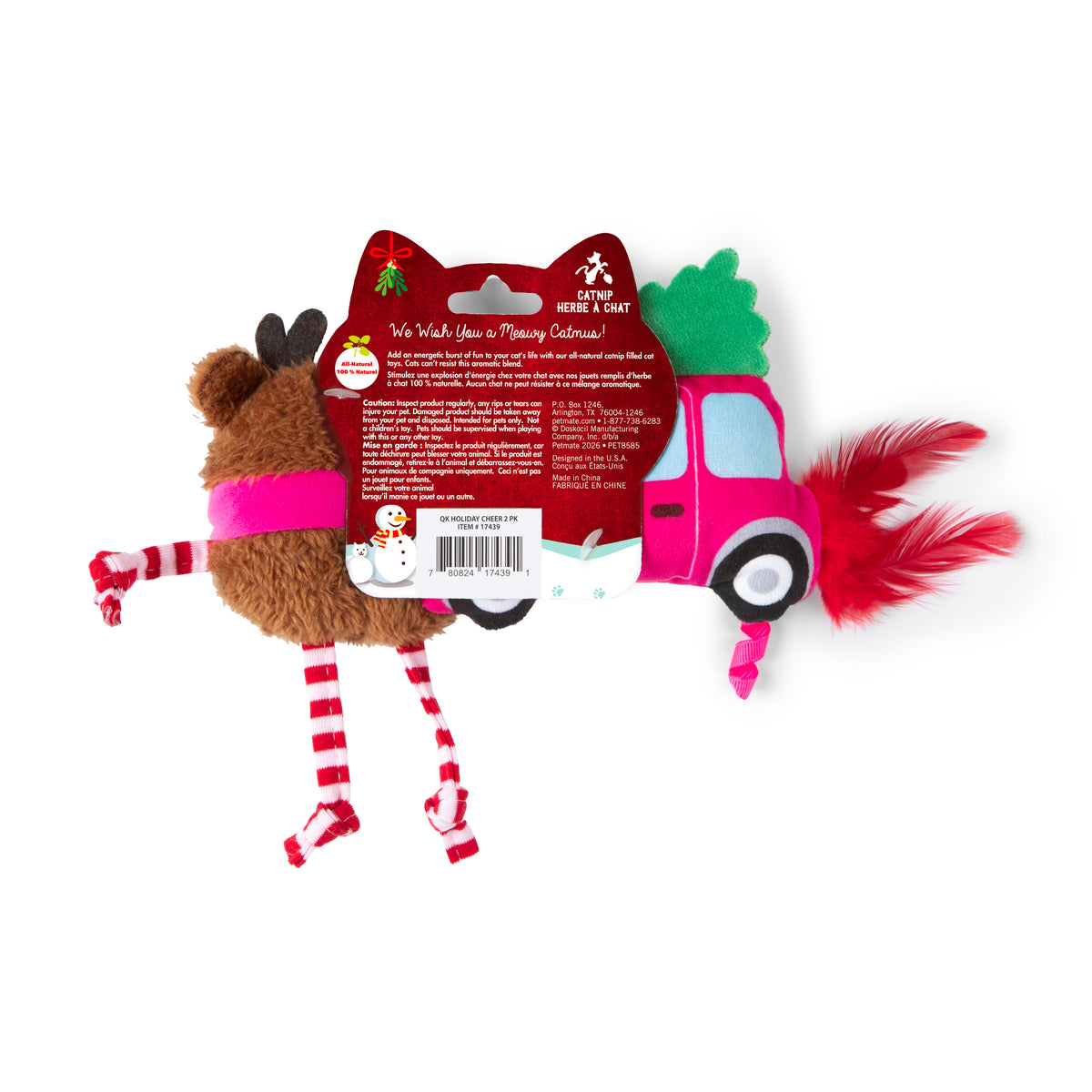 Quirky Kitty® Holiday Cheer 2-Pack Cat Toys featuring a reindeer with striped legs and a red truck carrying a green tree with a red feather tail, presented on a cardboard backing.
