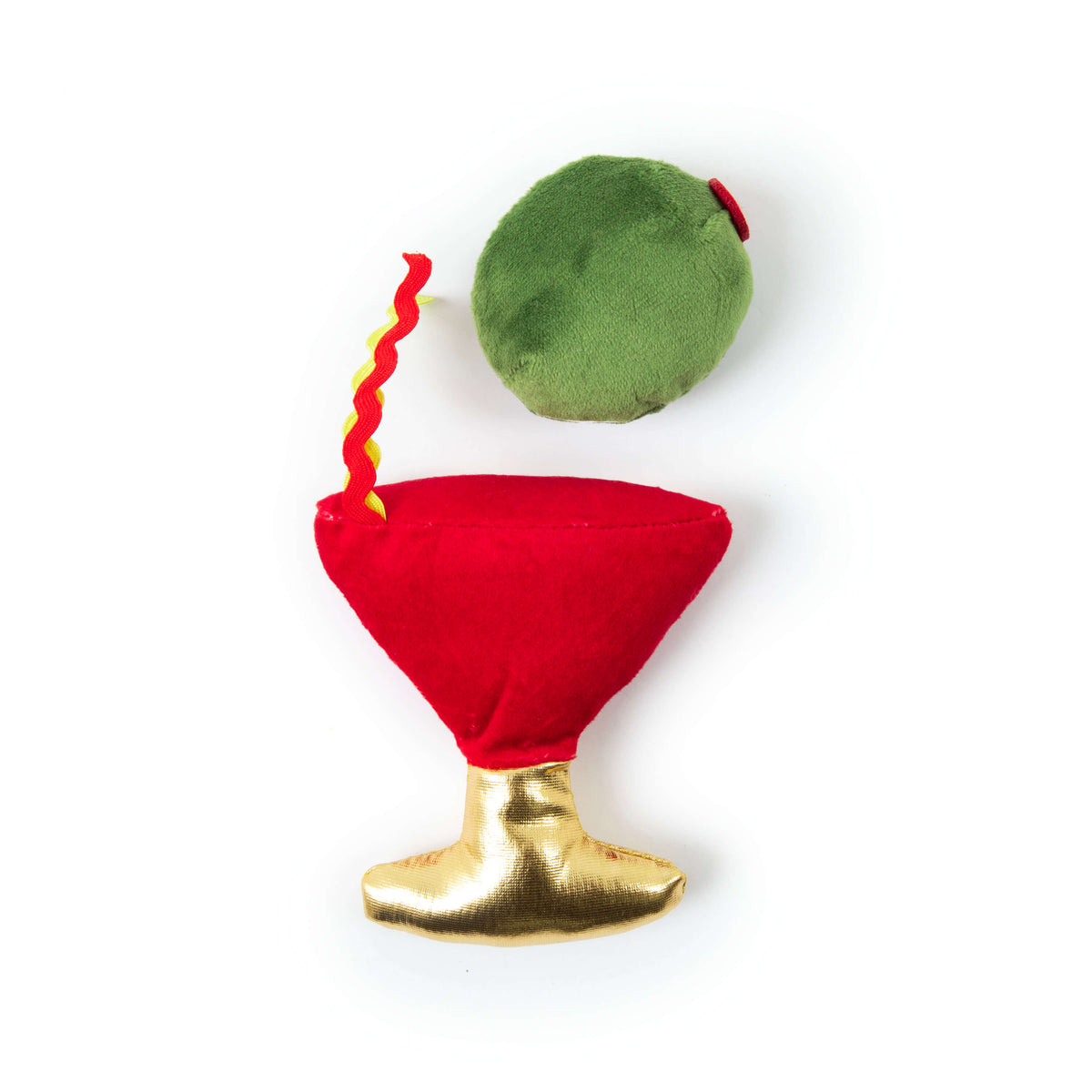 Quirky Kitty® Getting Blitzend 2-Pack cat toys featuring a red cocktail glass with a yellow straw and a separate green olive.